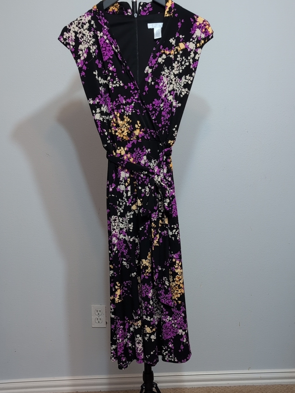 London Times Black Maxi Dress with Purple & Cream Floral Print